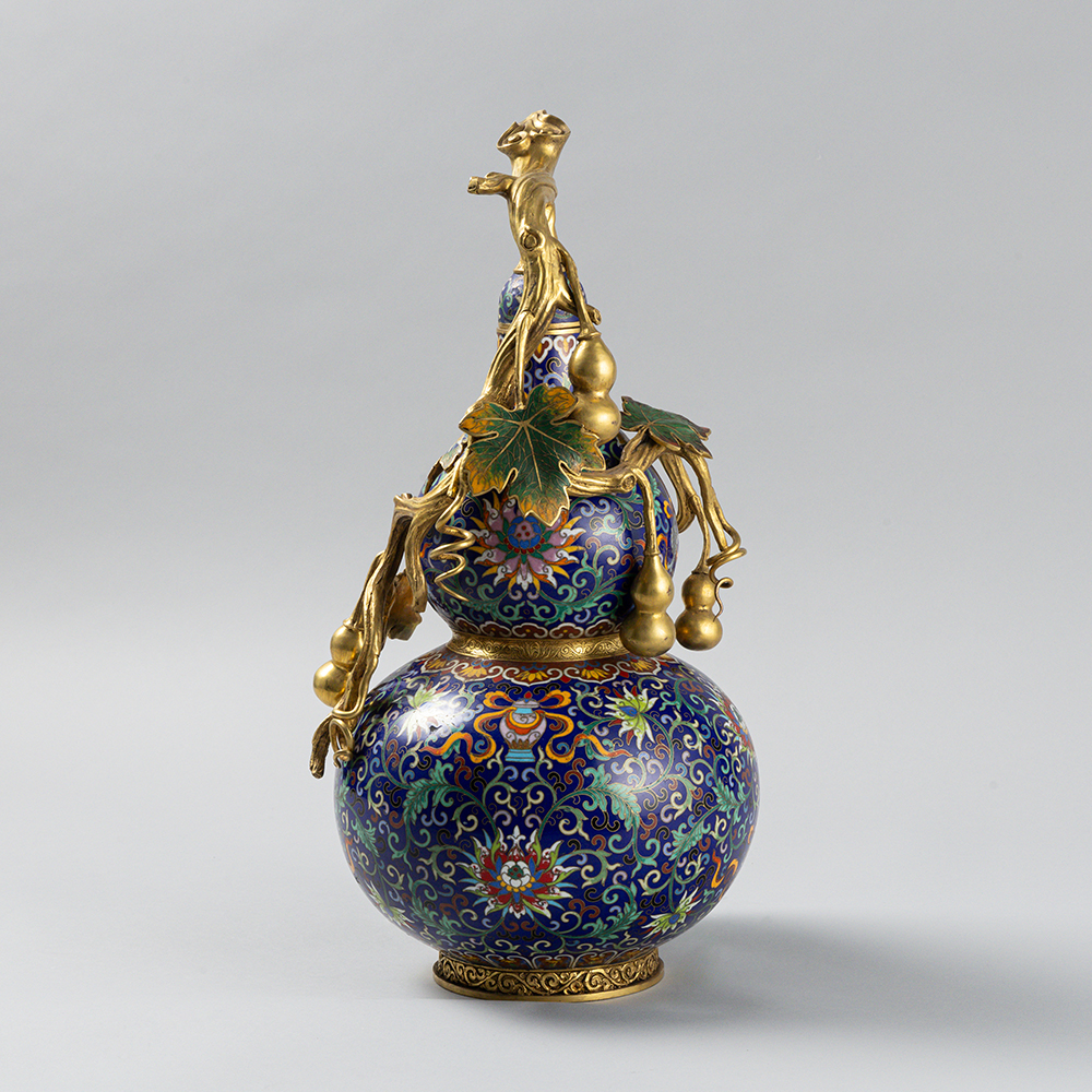 Lot3002 An Exquisite Gilt Bronze Cloisonne Lotus Pattern Eight Treasures Pattern Gourd-Shaped Vase Qing Dynasty, Qianlong Four-character Mark & Period(1735-1796)