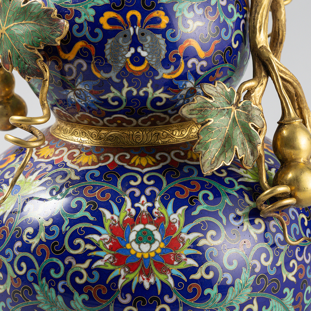 Lot3002 An Exquisite Gilt Bronze Cloisonne Lotus Pattern Eight Treasures Pattern Gourd-Shaped Vase Qing Dynasty, Qianlong Four-character Mark & Period(1735-1796)