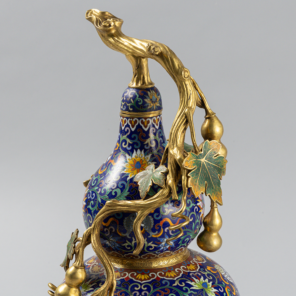 Lot3002 An Exquisite Gilt Bronze Cloisonne Lotus Pattern Eight Treasures Pattern Gourd-Shaped Vase Qing Dynasty, Qianlong Four-character Mark & Period(1735-1796)