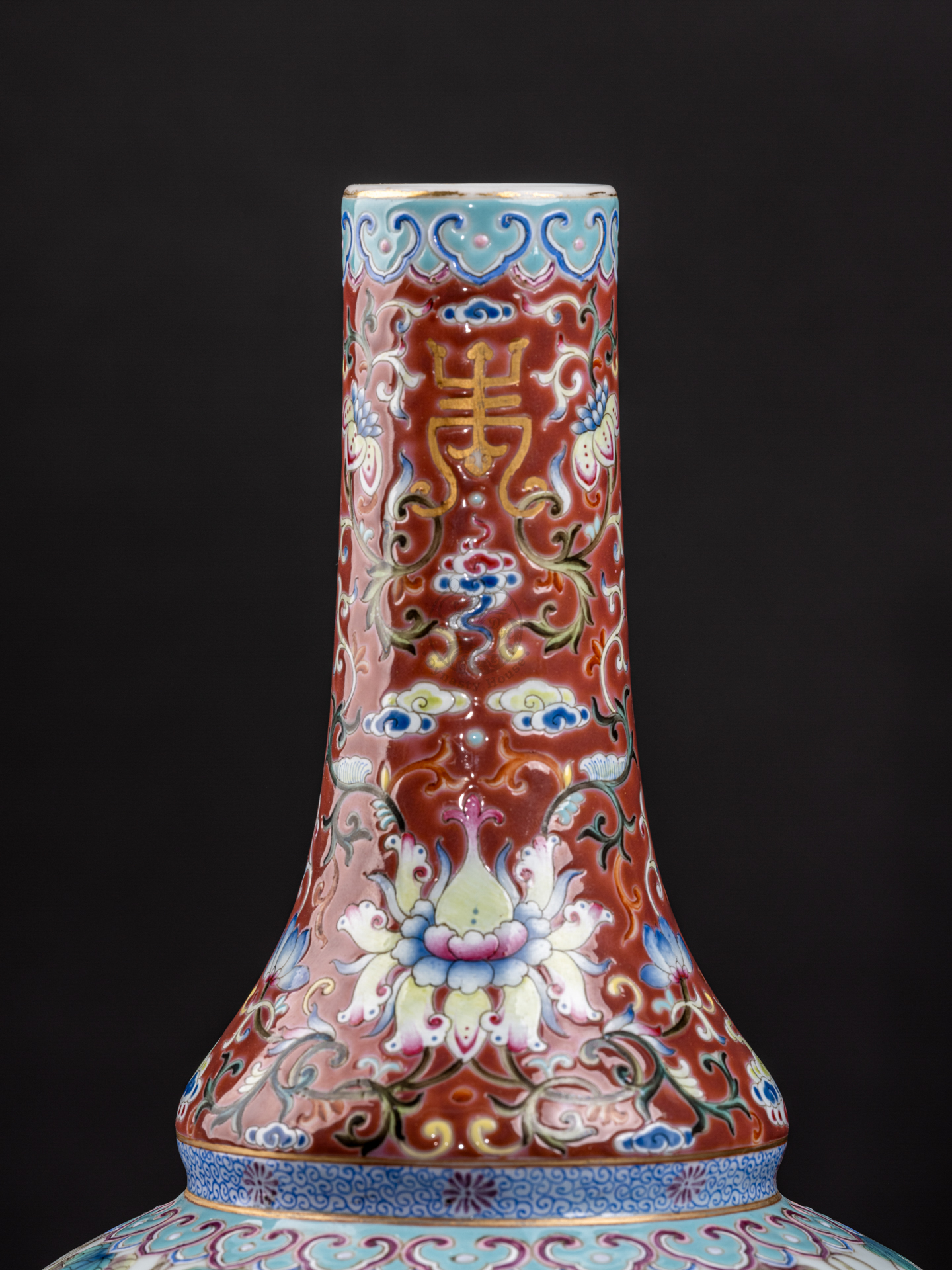 Lot1021 A Rare Famille-Rose Ruby Red-Glazed Flower and Bird Pattern with poem Vase Qing Dynasty,Qianlong Six-character & Period(1735-1796)