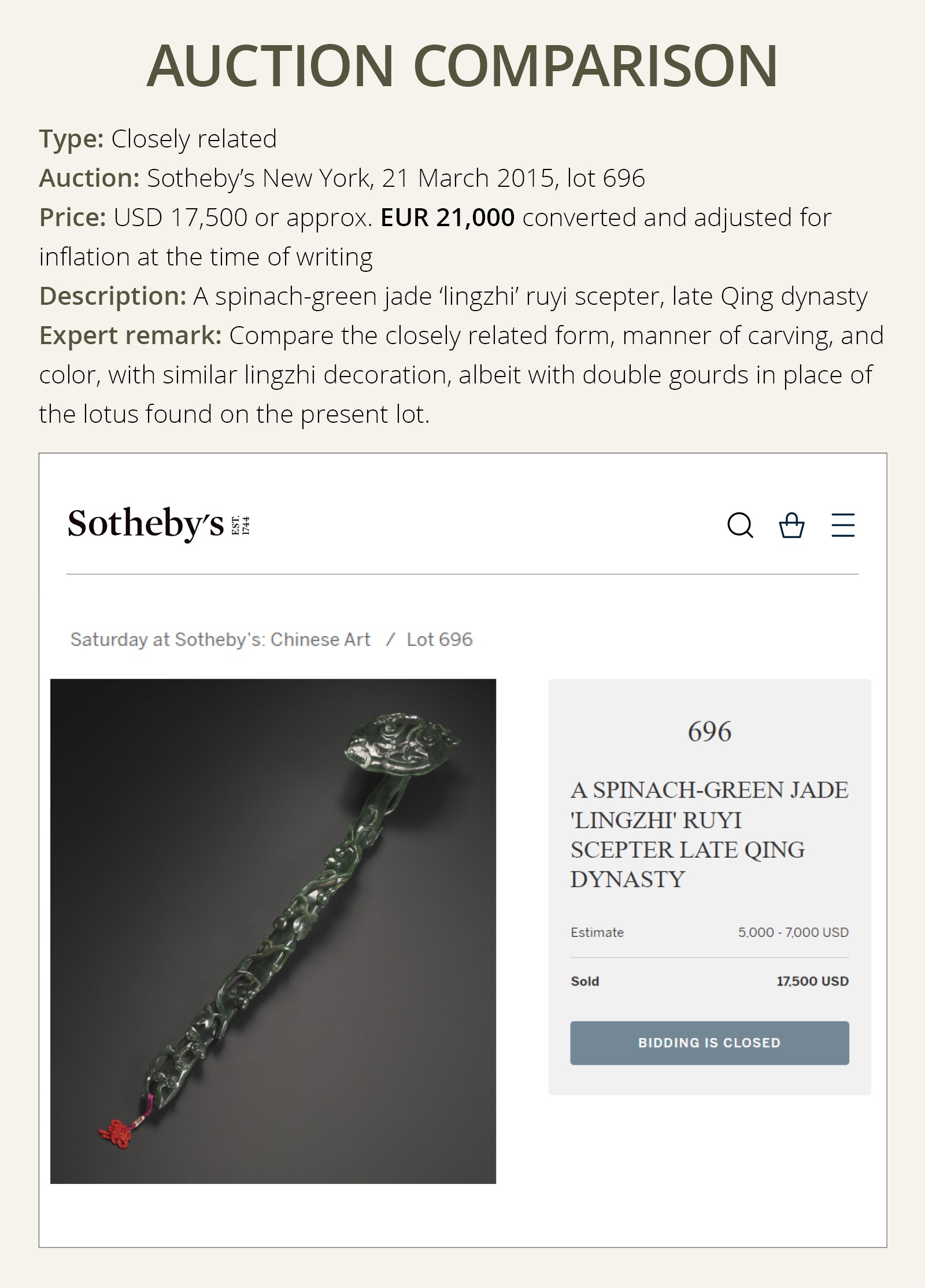 Lot2011 A SPINACH-GREEN JADE ‘LINGZHI AND LOTUS’ RUYI SCEPTER QING DYNASTY Qianlong Period(1735-1796)