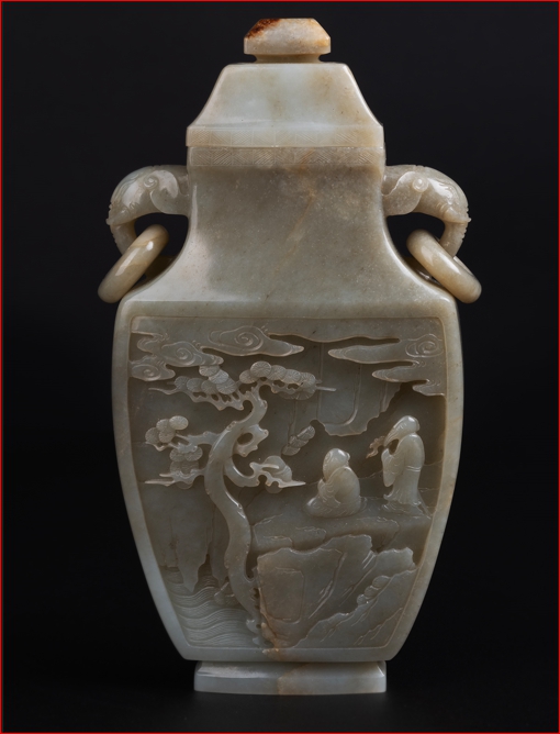 Lot2023 A bottle with Hotan Jade seed, landscape, figure image, nose and ear cap (20th Century)