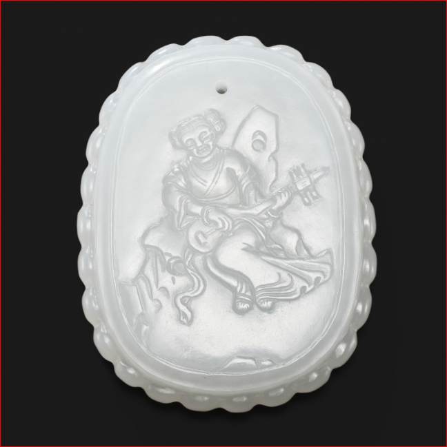 Lot2026 AN INSCRIBED WHITE JADE PLAQUE DEPICTING A LADY PLAYING THE PIPA, 18TH CENTURY