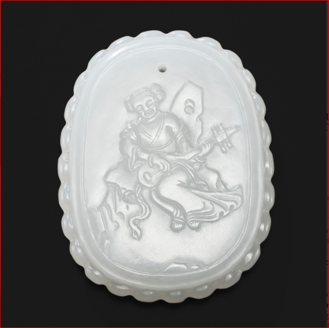 Lot2026 AN INSCRIBED WHITE JADE PLAQUE DEPICTING A LADY PLAYING THE PIPA, 18TH CENTURY